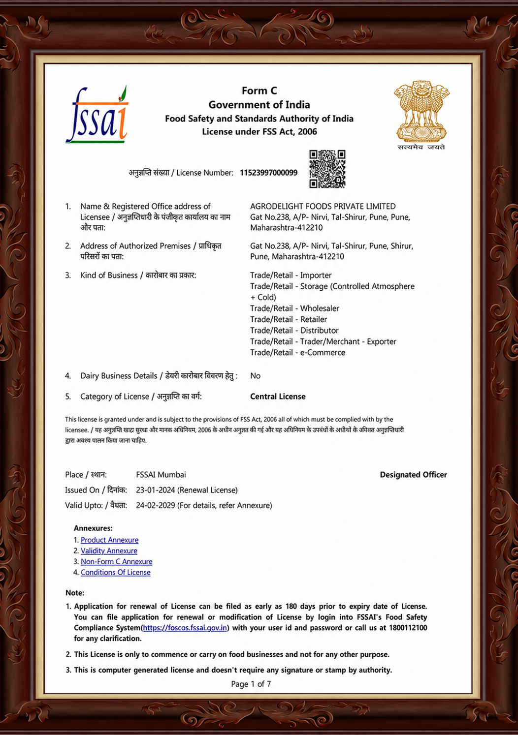 FSSAI-Central-License Certificate